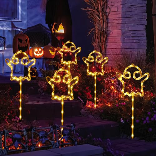Halloween Geister Solarlampen für Außen Garten 5er-Set,Wasserfest Solarleuchten für Terrasse & Wegbeleuchtung, Outdoor Draußen Grusel Lichter Patio Solarleuchten mit 8 Lichtmodi (Geist)