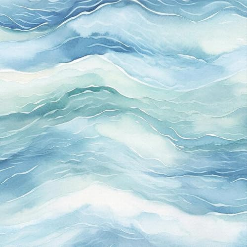 LZH-LP Papier Peint Autocollant, 44x600CM Vagues Mer Aquarelle Paysage Marin Bleu Sans Couture Papier Contact Décoller Coller Vinyle Film Décoratif Amovible pour Armoires Murales
