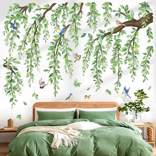 wondever Wandtattoo Grün Baum Ast Groß Wandsticker Hängende Rebe Blätter | Abziehen und Aufkleben, Abziehbar, Wandaufkleber Selbstklebend für Schlafzimmer Wohnzimmer Flur Sofa Hintergrund Wanddeko