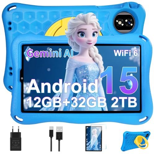 Tablette Enfants 9 Pouces Android 15 GMS,12Go RAM + 32Go ROM(TF 1 To), Octa-Core, Gemini AI Tablette Tactile, 5G WiFi 6, Widevine L1, 5000mAh,BT 5.0,Contrôle Parental Tablette avec EVA Cas-Bleu