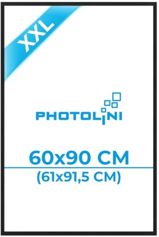 PHOTOLINI Bilderrahmen 60x90 schwarz, Holz MDF Poster-Rahmen 90x60, Bilderrahmen groß für Poster 61x91,5 cm mit bruchsicherem Acrylglas, zum Aufhängen & Zubehör, XXL-Rahmen für Fotos, Poster-Frame