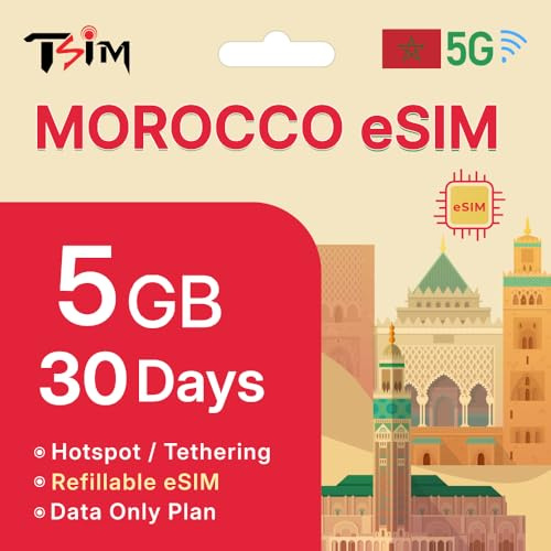 TSIM Marruecos eSIM 30 días | 5 GB de datos de alta velocidad | Activación automática | Compartir punto de acceso permitido | Código QR eSIM enviado por correo electrónico dentro de las 24 horas de