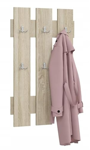 BDW - Wandgarderobe - Garderobenpaneel, Garderobe Wand - 60 x 100 cm - Jackenhalter Modern, mit 6 Doppel Kleiderhaken - für Flur, Diele, Garderobe - Eiche Sonoma