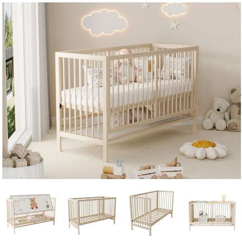HaoChrymec Cuna de Madera Multifuncional de Abeto, Convertible en Cama Auxiliar, Caballete de Pintura o Escritorio, Altura Ajustable, Cuna Infantil para Dormitorio y Guardería, Natural, 140x60x90 cm