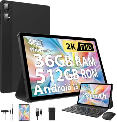 PIXGOOD Android 16 2K Tablet 11 Zoll, 36 GB RAM+512 GB ROM (2 TB TF), 4G SIM LTE + 5G WiFi, Octa-Core, 2000 * 1200, 9580 mAh, 13 MP + 8 MP, WidevineL1, GPS, Bluetooth, Tablet mit Tastatur (Schwarz)