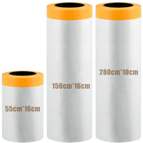POUMUE 3er Goldband Abdeckfolie mit Klebeband 42m (280cm, 150cm, 55cm), Abdeckfolie Maler Malerfolie Abdeckfolie für Innen, Abklebeband mit Folie Malerfolie mit Klebeband Abklebefolie- UV-Schutz