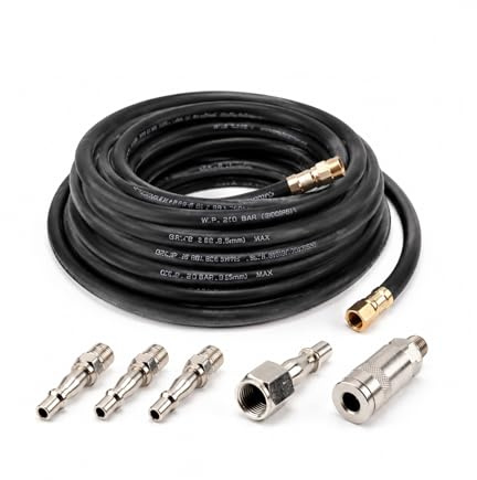 Air Compressor Hose 15m Rubber Air Line 9.5mm ID x 15mm OD, 300 PSI Working Pressure, Heavy Duty Pneumatic Air Hose with 5 Quick Release Fittings 1/4 BSP for Air Tools & Compressors