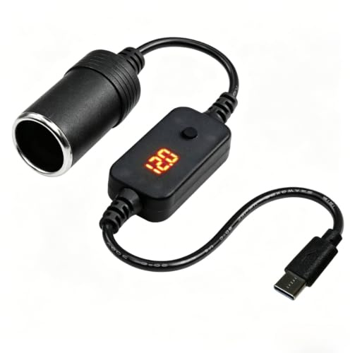 TKSE Adaptador USB-C a encendedor de cigarrillos, convertidor de cable de 5 V a 12 V, con indicador de voltímetro, voltaje ajustable 9 V/12 V/15 V/20 V, adecuado para cargador de coche, grabadora de