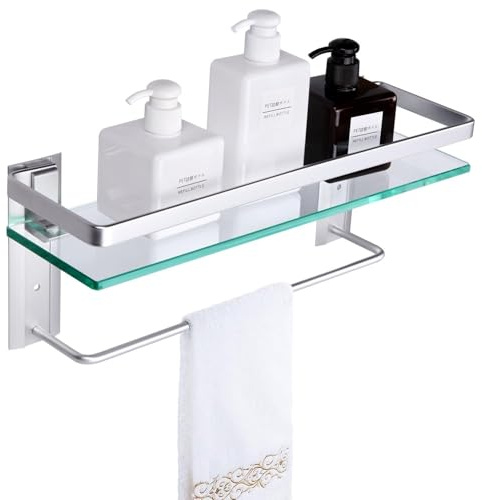 Vdomus Badezimmer-Regal mit Handtuchstange, Rechteckig, Wandmontage, 15.2 X 4.5, Silber, 1 Regal, Hitzebeständig, Rostfrei, 20 lbs, Kosmetik, Toilettenartikel, Handtücher