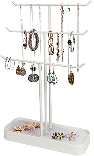 J JACKCUBE DESIGN JackCubeDesign Metall 3 Stufen Schmuck Aussteller Baum Organizer Armband Halsketten Halter Gestell Aufhänger Turm mit Ohrring Ring Lager Tablett (weiß/ 42.3 x 28 x 11cm) - :MK320F