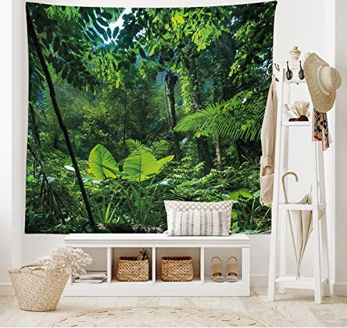 ABAKUHAUS Pflanze Wandteppich, Grüner Dschungel Unberührte Natur Umweltbelange Flora Fauna Dschungel Regenwald, aus Weiches Mikrofaser Stoff Wand Dekoration Für Schlafzimmer, 150 x 110 cm, Waldgrün