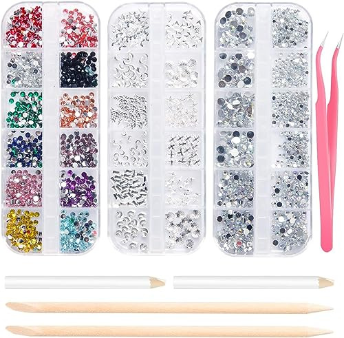 Nail Art Rhinestones and Nail Gems 3 Boxs, Flat Nail Crystals Clear Rhinestones Mix Sizes with 2 Rhinestone Picker Tool Pens, 2 Nail Wooden Sticks and 1 Pink Tweezer