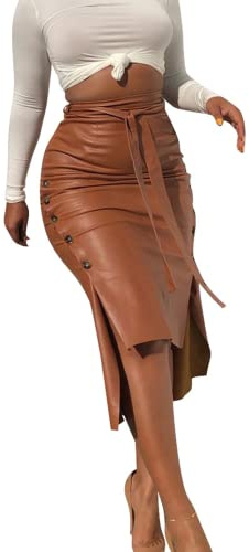 Womens High Waisted Belted Leather Pencil Skirt Side Button Split Faux Leather Work Midi Skirt Wrap(BR-2XL) Brown