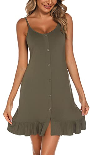 Aranmei Nattlinnen för kvinnor mjuk bomull ärmlös nattlinne linne falsk knapp slip klänning rund hals babydoll moderskap nattkläder, Armégrönt, S