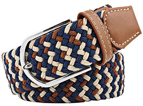 JK Home 105–125 cm flätat elastiskt bälte för kvinnor spänne bälten herr stretch 3,3 cm bred, Beige Coffee Blue, 115cm