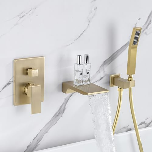 HAMOLER Wall Mount Roman Tub Filler Faucet Single Handle Bathroom Bathtub Faucet with Hand Sprayer Waterfall Tub Faucet with Hand Shower, Brushed Gold