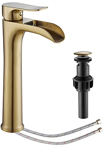 YUNDOOM Waschbecken-Wasserhahn, gebürstetes Gold, Badezimmer-Wasserhahn, Einloch-Badezimmer-Waschbecken-Wasserhahn, Waschbecken-Wasserhahn, moderner Wasserfall-Badezimmer-Wasserhahn mit Abfluss