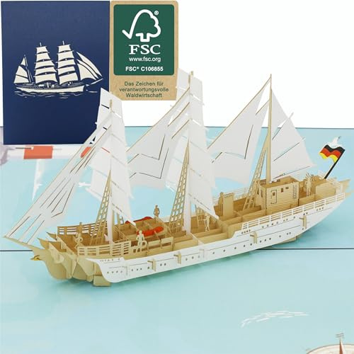design3dkarten® Gorch Fock Segelschiff, Windjammer, maritimer Reisegutschein, 3d Klappkarte, Pop Up Karte, Glückwunschkarte, Grußkarte