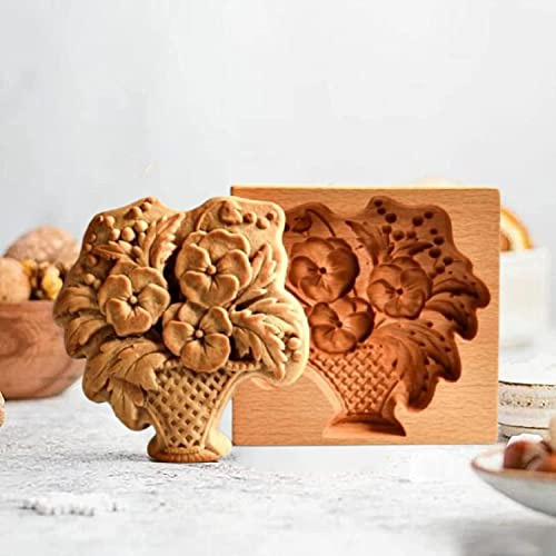 Wooden Cookie Mold - Carved Biscuit Baking Cutter, Embossing Press for Gingerbread, DIY Kitchen Tools (Flower Basket)