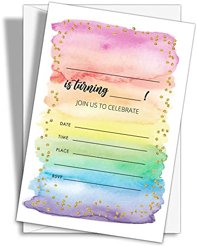 YQV Colorful Rainbow Birthday Party Invitations, 20-Count Watercolor Rainbow Glitter Birthday Party Invites With Envelopes-HBYQK-B59