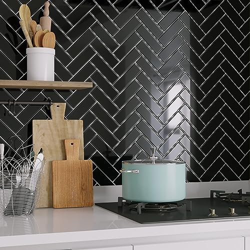 Livelynine 16 Stück Fliesenaufkleber Küche Schwarz Fischgräte Klebefliesen Bad Schwarz 30.5x30.5CM Wandfliesen Selbstklebend Badezimmer Abwaschbar Selbstklebende Fliesen Küche Wand Fliesensticker