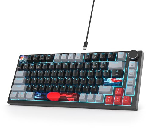SOLIDEE Verkabelte Mechanische Gaming Tastatur 75%,hot-swap-fähige mechanische Tastatur Gasket Struktur,RGB Hintergrundbeleuchtung,QWERTY 82 Tasten TKL Gaming Tastatur mit Drehknopf(82 Dark)