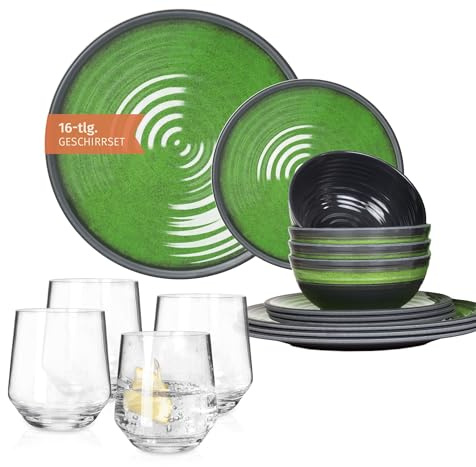 Vaisselle de camping en mélamine pour 4 personnes Vert pierre + 4 verres Milano