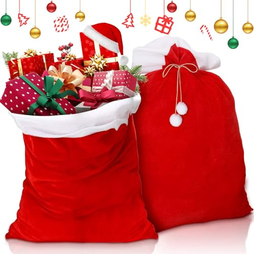 LPAOIS Weihnachtssack, 2 Stück XXL Nikolaussack Weihnachtsmann, 70 x 100 cm Nikolausbeutel zum Befüllen, Goldener Samt-Weihnachtsmann Sack zum Verpacken/Aufbewahren von Weihnachts-Geschenken & Deko