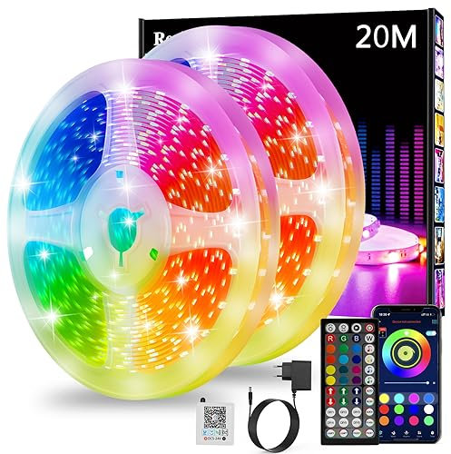 Ruban Led 20m, Led Chambre, Bande Led Lumineuse Contrôlé par APP Bluetooth ou Télécommande 44 Touches, Synchroniser avec Rythme de Musique, RGB Bandeau Led pour Decoration Chambre, Gaming (2 * 10m)