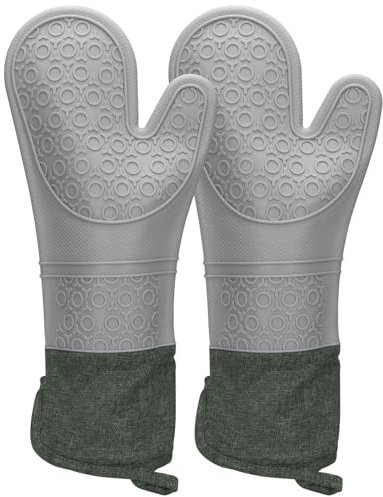 LELE LIFE Guantes de horno profesionales extralargos de 39 cm, guantes de horno de silicona resistentes al calor con forro acolchado suave, guantes antideslizantes para cocina, color gris