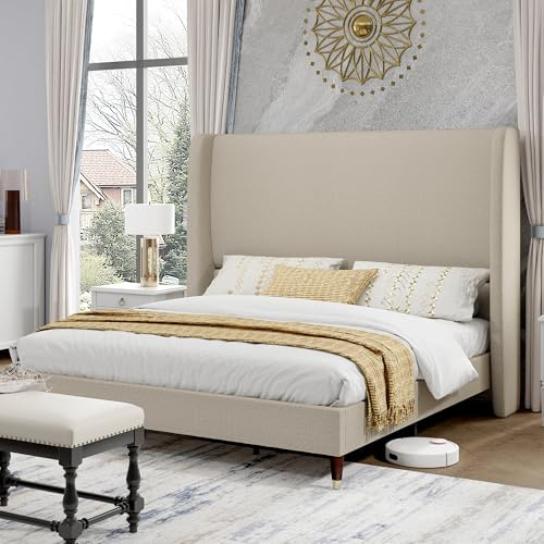PaPaJet King Size Bed Frame with 51.2 Wingback Headboard, Soft Linen Upholstered Platform Bed, Solid Wood Legs, No Box Spring Needed, Sturdy & Noise-Free, Easy Assembly, Light Khaki