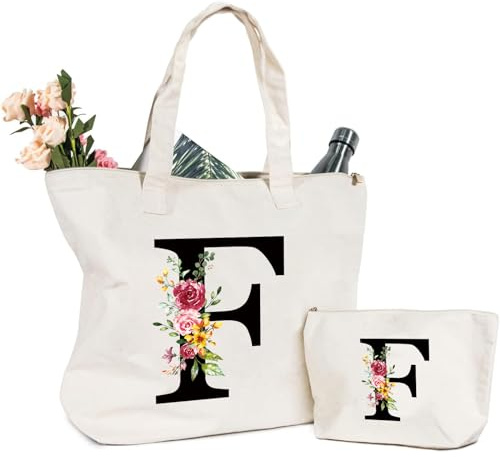 Tragetasche und Kosmetiktasche mit Initial, Canvas Einkaufstasche mit Reißverschluss, Personalisiert Initialen Baumwolltasche Geschenk für Freundin Frau Mama Schwester Geburtstag Hochzeit Muttertag F