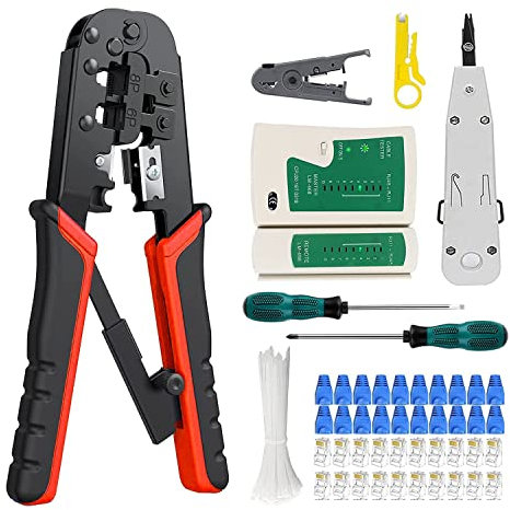 Kliplinc Crimpadora portátil RJ-11, 6P/RJ-12, 8P/RJ-45, juego de herramientas de crimpado Ethernet, 20 conectores, 20 tapas, 1 comprobador de cables de red