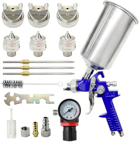 Awsuc HVLP Lackierpistole Spritzpistole 3 Düsen 1,4mm 1,7mm 2,0mm und 1000 ml Aluminium Tasse,Farbsprühsysteme mit einem Luftdruckregler,Farbspritzpistole kann für Autos,Möbel (Blau)