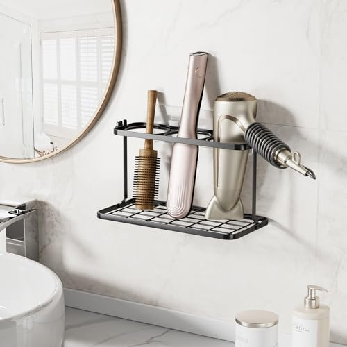 Josmimic Hair Dryer Holder: 3 in 1 Hair Tool Oragnizer - Adjustable Height Bathroom Organizer Basket - Adhesive or Desktop Blow Dryer Storage - for Hair Dryer, Curling Wands, Hair Straighteners