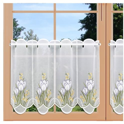 Frühlings-Scheibengardine Krokusblüte aus Echter Plauener Spitze Scheibenhänger für Frühling und Ostern 40 x 128 cm