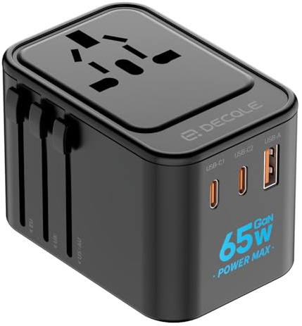 decqle Universal Travel Adapter, International Travel Plug Adapter with 2 USB-C(GaN 65W) ＆ 1 USB-A Ports, All in One Portable Adaptor, for USA, UK, EU, AU ＆ 224+ Countries (Black) | GaN 65W, 2 USB-C ＆ 1 USB-A, International Plug Adapter, All in One Portable Adapter, NOT A Voltage Converter (Inky)
