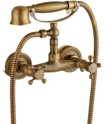 Rubinetto Vasca Da Bagno Miscelatore Vasca Da Bagno Ottone Due Maniglie Antico Vintage Stile, Rubinetto Doccia Da Muro Con Doccetta E Flessibile Doccia Da 1,5 M, Bronzo