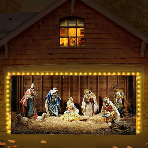 Bannière De Couverture De Porte De Garage De Noël Avec Lumière LED, Décorations De Porte De Garage De Scène De Nativité De Noël, Grande Décoration De Toile De Fond De P(Size:480x210cm/16x7ft,Color:D)