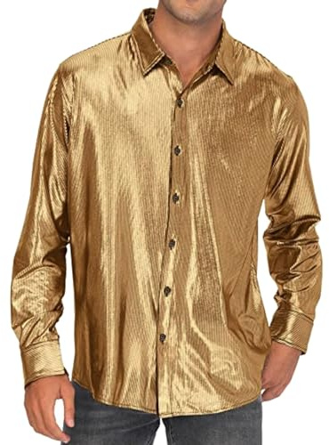 Glitzer Hemd Herren 70er Jahre Outfit Herrenhemd Metallic Glänzend Nachtklub Pailletten Shirt Langarm Retro Partyshirt Oberteile Freizeithemd Glitzerhemd Disco Party Karneval Kostüm