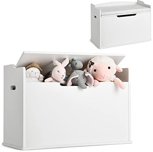 COSTWAY Spielzeugkiste mit Deckel, 2 in 1 Spielzeugtruhe mit Kissen, Spielzeugschrank aus Holz mit Tragegriffen, Spielzeug Aufbewahrung für Kinderzimmer, Spielzimmer, 74 x 39 x 52 cm, Weiß