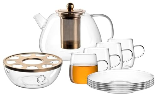 LEONARDO Tè per Te Tee-Set für 4 Personen, Teekanne 1,5 L mit Stövchen 4 Teetassen und 4 Untertassen, Borosilikatglas, Handgefertigt, Spülmaschinengeeignet