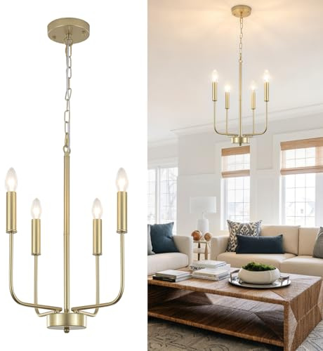 MRHYSWD Kronleuchter Gold, 4 Flamming Kronleuchter Modern Vinatge Deckenleuchte Wohnzimmer, Pendelleuchte Industriell Hängeleuchte für Küche Schlafzimmer Flur, Höhenverstellung, Ohne Leuchtmittel