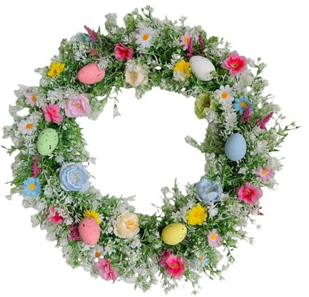 Osterkranz, bunte Blumen und Eier, Girlanden für saisonale Heimdekoration, Blumen, Haustür, Hängeornament