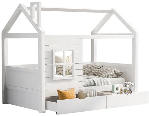 Goldicoo Montessori Hausbett 90X200 mit Rausfallschutz und Lattenrost, Kinderbett aus Holz mit 2 Schubladen