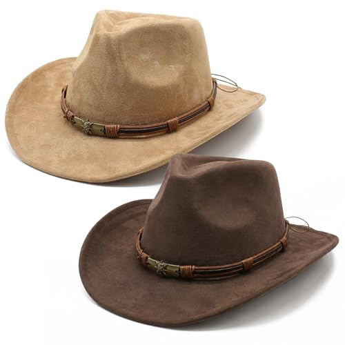 YASHIIN Lot de 2 chapeaux de cowboy pour hommes et femmes à large bord en daim - Couleur café classique - Doux et confortable - Taille réglable avec crâne en métal - Bande tressée