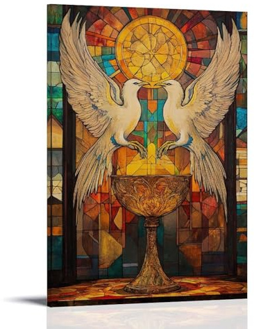 Minimalist Canvas Wall Art Picture Print-Stained Glass Christian Poster with Two Majestic Birds And Chalice Modern Family for Living Room Decor Frame-style 24x36inch(60x90cm)