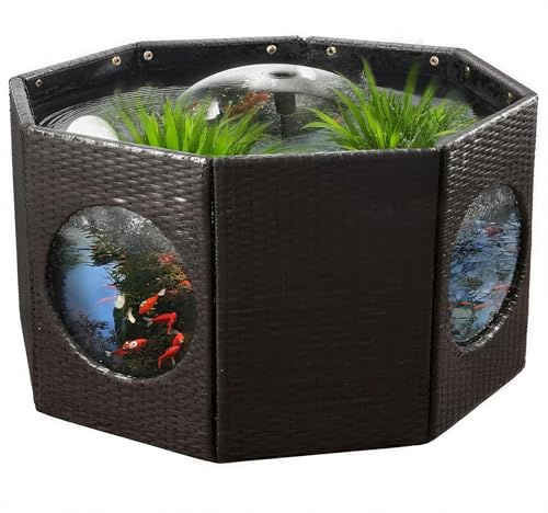 120 Gallon No Dig Outdoor Fish Pond Kits, Above Ground Fish Tank Rattan Pond with 4 Clear Windows,Koi Pond Includes Filter Pump & Spray Fountain,Thick Liner, Raised Fish Pond Easy Setup