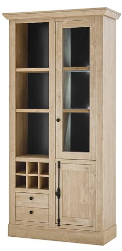 Lomadox Wohnzimmer Vitrine Vitrinenschrank 105 cm breit, Eiche mit schwarz, mit 6 Flaschenfächern, Glastüren, Schubladen, Landhausstil