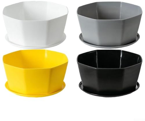 Lot de 4 pots de fleurs ronds et plats - Jardinières basses avec trou de drainage - Pour rebords de fenêtre, bureaux, étagères, décoration de jardin (grand)